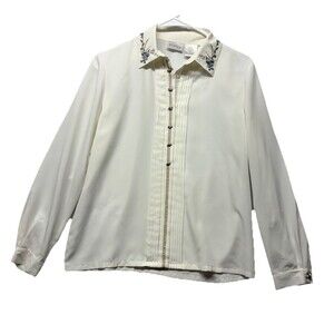 Vintage Koret White Blouse 90s Embroidered Collar Button Up Shirt Sz 6 Coquette